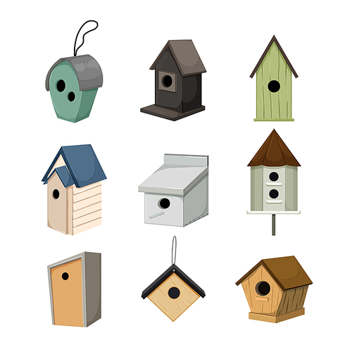 bird house set cartoon. spring home, tree nest, cute animal home, wood branch feeder bird house vector illustration