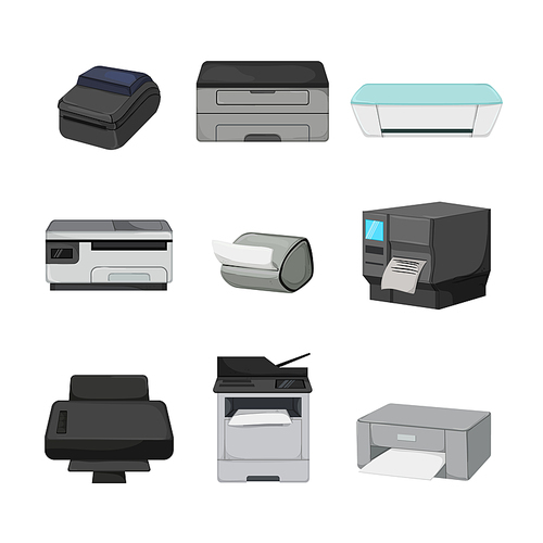 printer paper set cartoon. office computer, document scanner, digital machine printer paper vector illustration