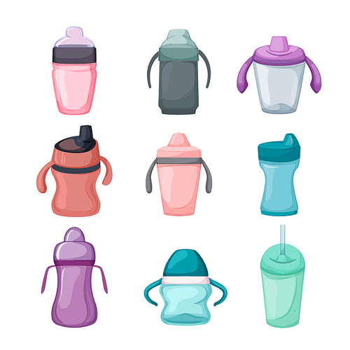 sippy cup set cartoon. baby bottle, child kid milk fedding, training sippy cup vector illustration