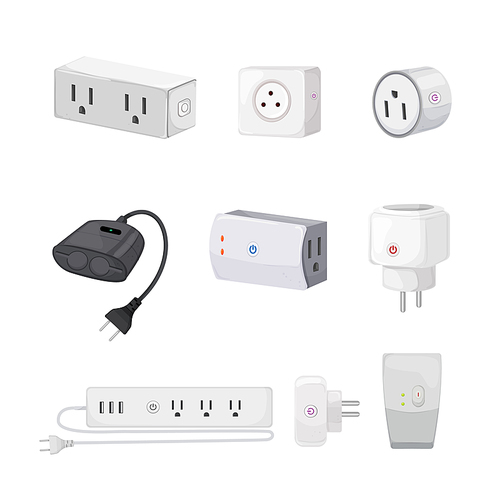 smar plug set cartoon. wireless power socket, outlet wall energy, phone control, usb electricity smar plug vector illustration