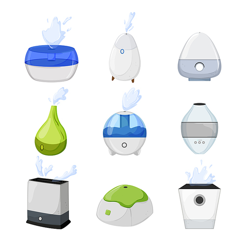 humidifier air set cartoon. home diffuser, cleaner steam, aromatherapy water, aroma vapor, ultrasonic moisture humidifier air vector illustration