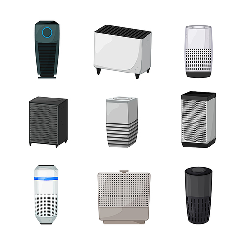 ionizer air purifier set cartoon. home humidiffer, room cleaner, house filter, living ionizer, bedroom dust appliance ionizer air purifier vector illustration