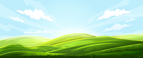 field background landscape vector. summer farm, agriculture meadow, green grass, land scene, sun countryside, hill scenery field background nature view cartoon illustration