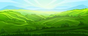 hill background landscape vector. green meadow, summer grass, nature field sky, land mountain, forest scenery, horizon valley hill background nature view cartoon illustration