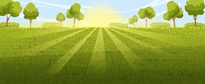 lawn background landscape vector. green field, spring grass, summer meadow, garden tree, park plant scene, sunny land lawn background nature view cartoon illustration