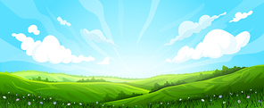 meadow background landscape vector. green grass, field hill, spring sky, summer countryside, cartoon land, rural scene, farm scenery meadow background nature view cartoon illustration