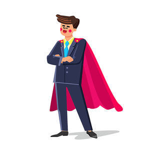 Brave Male Wearing Super Hero Cloak Clothes Vector. Happy Brave Male Wear Business Suit And Superhero Costume Accessory. Proud Character Businessman Superman Flat Cartoon Illustration