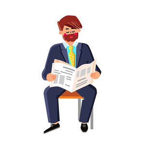 Business Newspaper Reading Businessman Vector. Business Newspaper Article Or Trade Market Chart Researching Man. Character Guy Read Financial News And Information Flat Cartoon Illustration