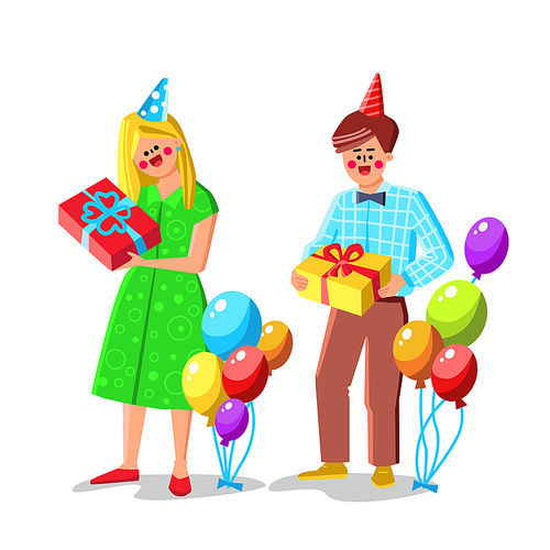 Celebrating Birthday Young Man And Woman Vector. Boy And Girl Holding Gift Boxes, Standing Near Air Balloons Decoration, Celebrating Birthday Together. Characters Celebration Flat Cartoon Illustration