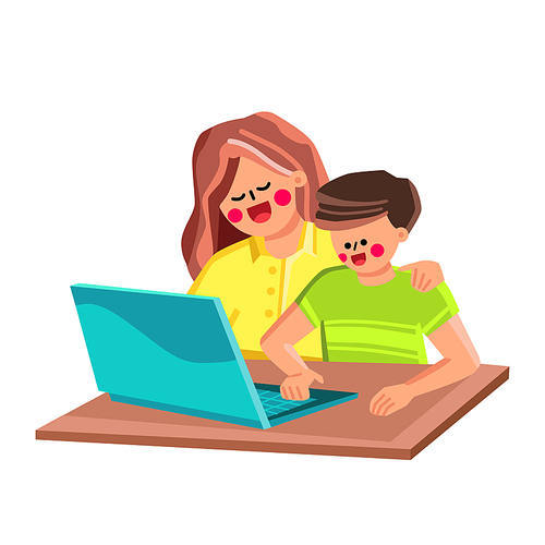 Boy Son Studying On Computer With Mother Vector. Schoolboy Kid Playing Or Remote Learning Lesson With Young Woman Parent On Computer. Characters Education Time On Laptop Flat Cartoon Illustration