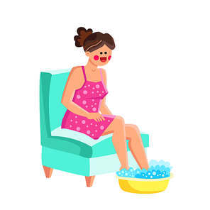Foot Bath Therapeutical Procedure Make Girl Vector. Young Woman Foot Bath In Beauty Salon, Making Hygiene Purity Treatment. Character Relaxing And Bathing Legs Flat Cartoon Illustration