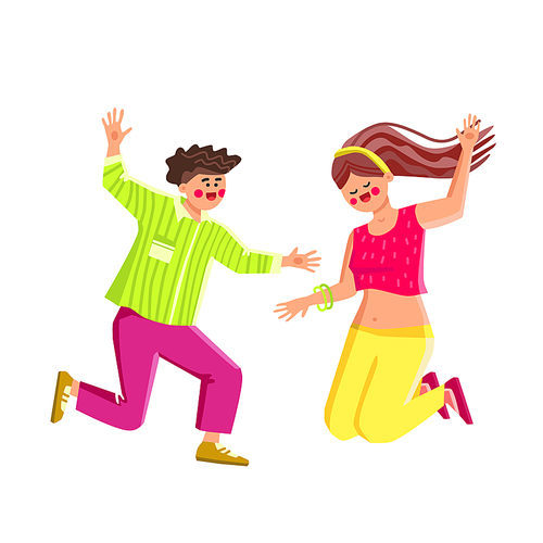 Jumping People Man And Woman Togetherness Vector. Happy Jumping People Boy And Girl Celebrate Victory Or Successful Achievement. Characters With Positive Emotion Flat Cartoon Illustration