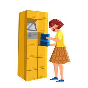 Locker Self Service Storage Cabinet Tool Vector. Locker Equipment Using Young Woman For Picking Up Package. Character Girl Use Delivery Company Storaging Automatic Station Flat Cartoon Illustration