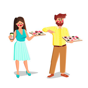 Order Sushi Food Man And Woman Together Vector. Young Boy And Girl Order Sushi Meal In Smartphone Application. Characters Online Ordering Japanese Nutrition Flat Cartoon Illustration