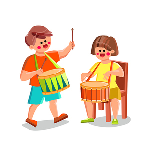 drum class ing children music rhythm vector. happy schoolboy and schoolgirl kids playing and training lesson on drum musician instrument in classroom. characters flat cartoon illustration