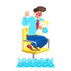 Flood In Office Saving Manager On Chair Vector. Frustrated Shocked Businessman With Document Papers Save From Flood Room Inside. Character Emergency And Safety Flat Cartoon Illustration
