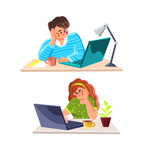 Lazy Man And Woman Working On Computer Vector. Lazy And Bored Manager Boy And Girl Sitting At Workspace And Work In Digital Laptop. Characters Employees Boring Job Flat Cartoon Illustration