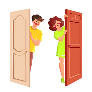 Man And Woman Looks Out Of Door Together Vector. Boy And Girl Neighbours Looking Out Of Door At Corridor From Apartment Or Home Room. Happiness Characters Flat Cartoon Illustration