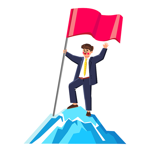 Businessman Perseverance In Business Career Vector. Young Man Manager Perseverance And Successful Goal Achievement, Standing With Flag On Mountain Peak. Character Flat Cartoon Illustration