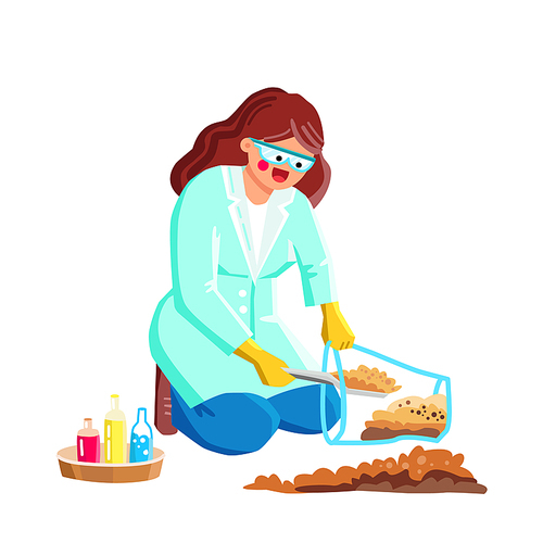 Soil Analysis Making Scientist For Research Vector. Young Woman Laboratory Worker Collecting Soil In Bag For Lab Examination And Researching. Character Science Flat Cartoon Illustration