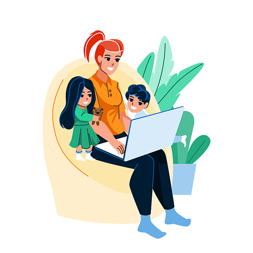 home work stress mother vector. family child, parent computer, laptop mom office, busy tired quarantine home work stress mother character. people flat cartoon illustration