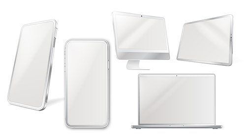 Smartphone, Tablet And Laptop Display Set Vector. Mobile Smart Phone And Tablet, Notebook And Computer Monitor Digital Electronic Technology For Communication. Mockup Realistic 3d Illustrations