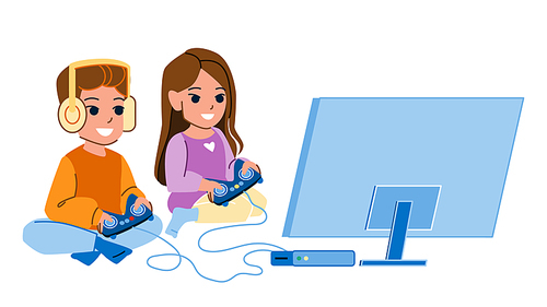 children play video game vector. kid boy girl, home family console, player children play video game character. people flat cartoon illustration