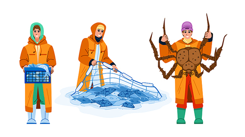 commercial fishing vector. boat sea fishermen with crab, ocean industry, vessel trawler, net fishery ship, marine catch commercial fishing character. people flat cartoon illustration
