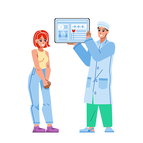 electronic health record eht vector. doctor hospital, computer record, patient technology, digital tablet information electronic health record eht character. people flat cartoon illustration
