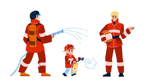 firemen vector. firefighter rescue, emergency fighter, safety equipment, uniform helmet firemen character. people flat cartoon illustration