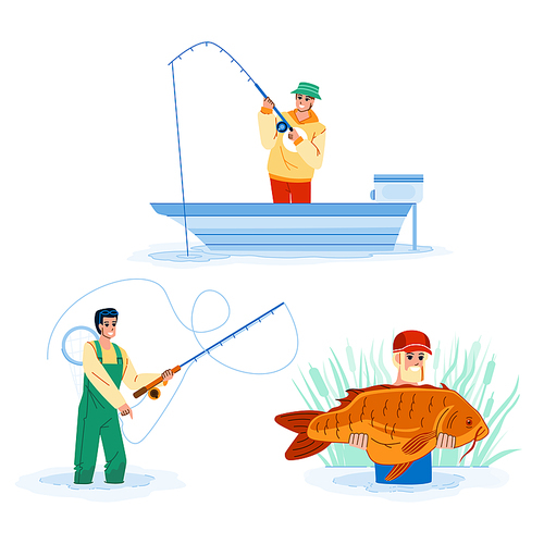 fishing hobby vector. fisherman and fish, boat, lake and river water, summer hobby fishing hobby character. people flat cartoon illustration