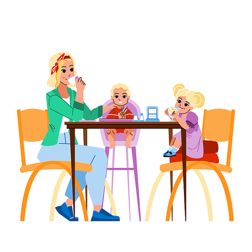 mother kid cafe vector. mom family restaurant, child and parent, happy daughter, young baby mother kid cafe character. people flat cartoon illustration