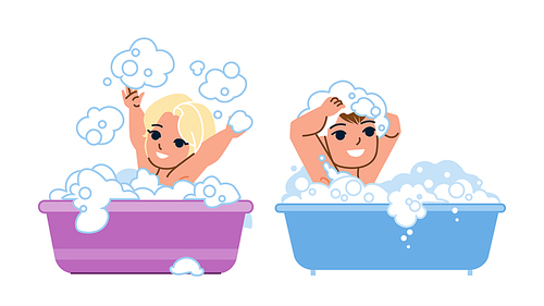 kid bath vector. baby boy girl bathroom, child family soap, hair care kid bath character. people flat cartoon illustration
