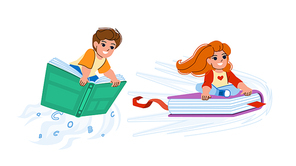 kid book vector. school study, boy girl, little student, cute education kid book character. people flat cartoon illustration