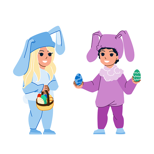 kid easter vector. kid boy girl, hunt egg, bunny rabbit costume kid easter character. people flat cartoon illustration