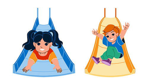 kid slide vector. playground boy girl, happy toddler play, family park baby kid slide character. people flat cartoon illustration