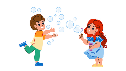 kid soap bubbles vector. child girl boy, happy spring park, little blowing baby kid soap bubbles character. people flat cartoon illustration