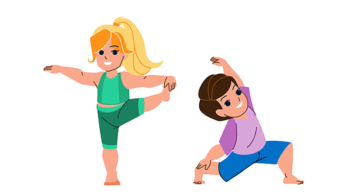 kid yoga vector. child boy girl, gym exercise, fitness training mat kid yoga character. people flat cartoon illustration
