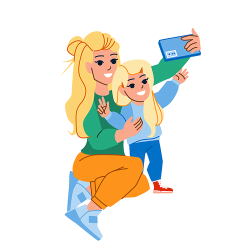 mother kid daughter selfie vector. child family, young mom kid photo, woman phone mother kid daughter selfie character. people flat cartoon illustration
