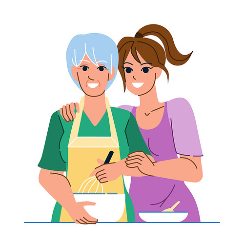 mother daughter kitchen vector. family happy mom, old woman, home food, girl cook together mother daughter kitchen character. people flat cartoon illustration