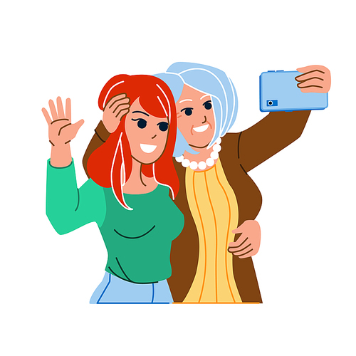 mother daughter selfie vector. family happy child, young mom, adult woman, mobile photo mother daughter selfie character. people flat cartoon illustration