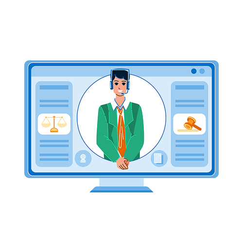 online lawyer vector. legal law, business court, justice laptop online lawyer character. people flat cartoon illustration