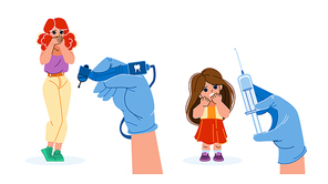 scared patient vector. woman kid girl afraid dentist syringe, hospital fear, dental scare scared patient character. people flat cartoon illustration