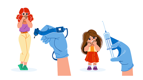 scared patient vector. woman kid girl afraid dentist syringe, hospital fear, dental scare scared patient character. people flat cartoon illustration