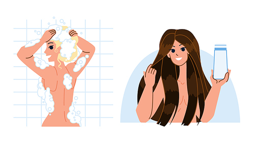 shampoo shower woman vector. hair water, bathroom wash girl, body female bath, wet skin shampoo shower woman character. people flat cartoon illustration