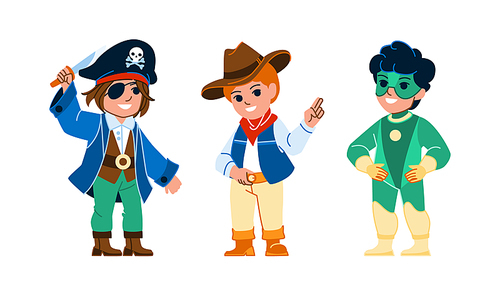 boy costume vector. child little kid hero, pirate, cowboy, person party art boy costume character. people flat cartoon illustration