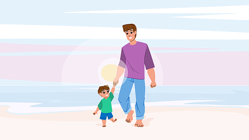 father son beach vector. family child dad, vacation fun, holiday outside father son beach character. people flat cartoon illustration