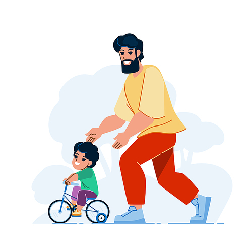 father son bike vector. dad child bicycle, happy fun ride, together park father son bike character. people flat cartoon illustration