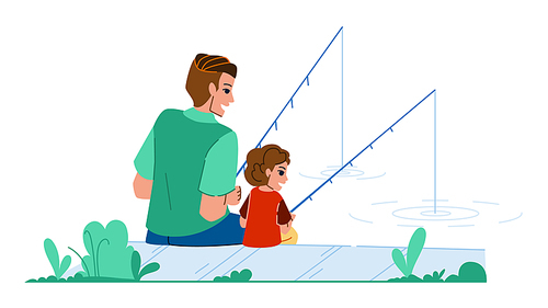 father son fishing vector. family lake child dad, summer kid river, water rod father son fishing character. people flat cartoon illustration