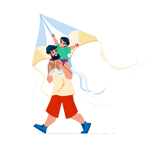 father son kite vector. family child fly, happy dad kid, field together father son kite character. people flat cartoon illustration